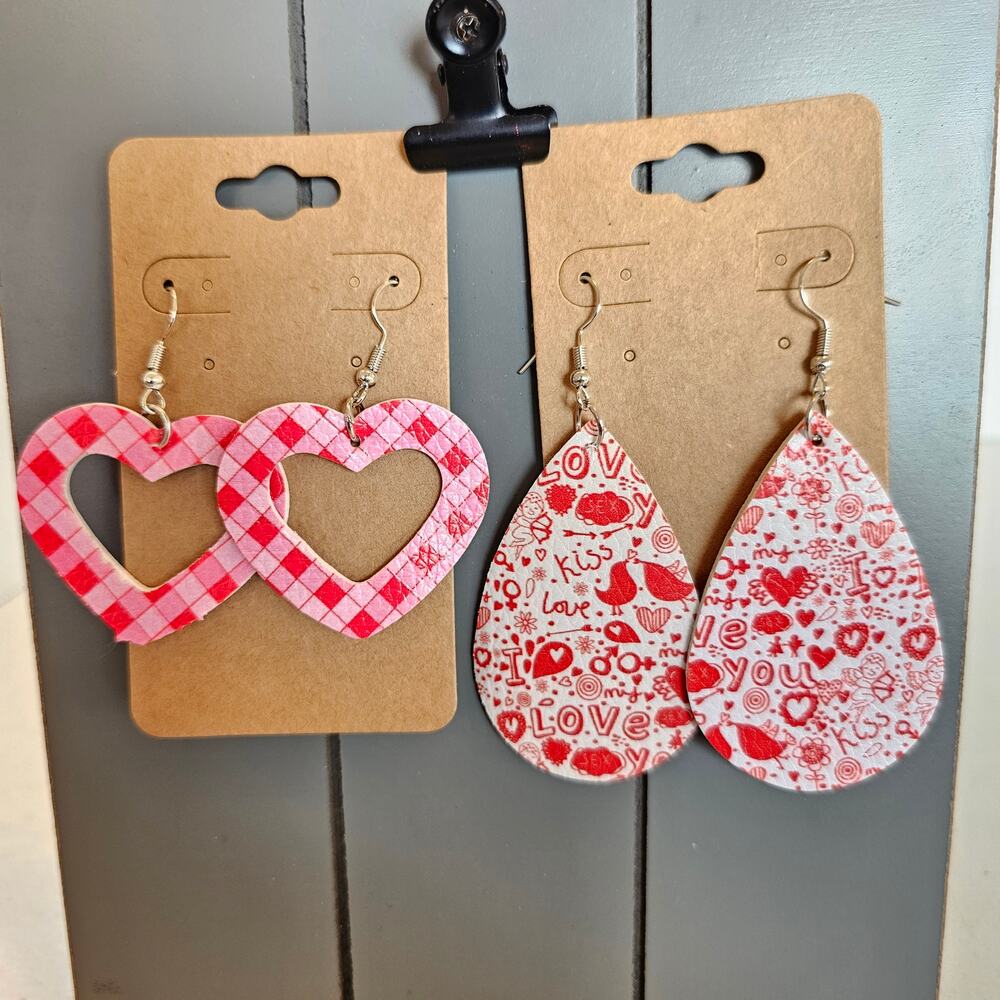 Valentine Earrings Gift Dangle Women Heart Red Pink Checkered Lightweight 2 Pair